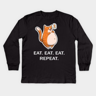 Ginger Fat Cat - Eat Eat Eat Repeat - White Font Kids Long Sleeve T-Shirt